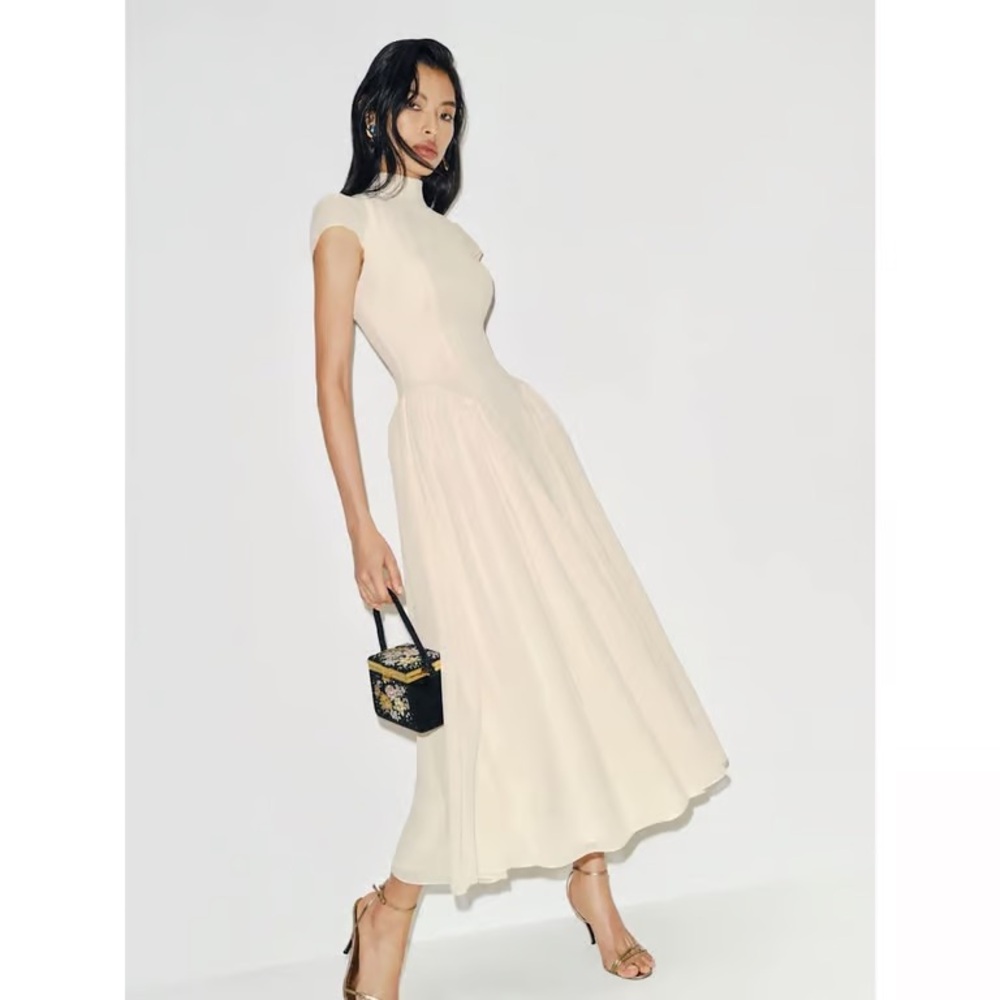 Reformation Cream High-Neck Cap-Sleeve Midi Dress